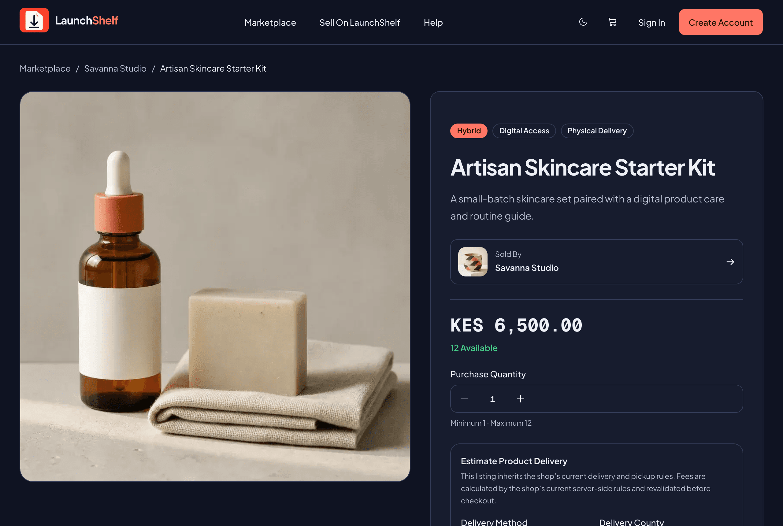 A LaunchShelf product page showing a hybrid skincare kit with KES pricing, live stock, and a delivery estimate form