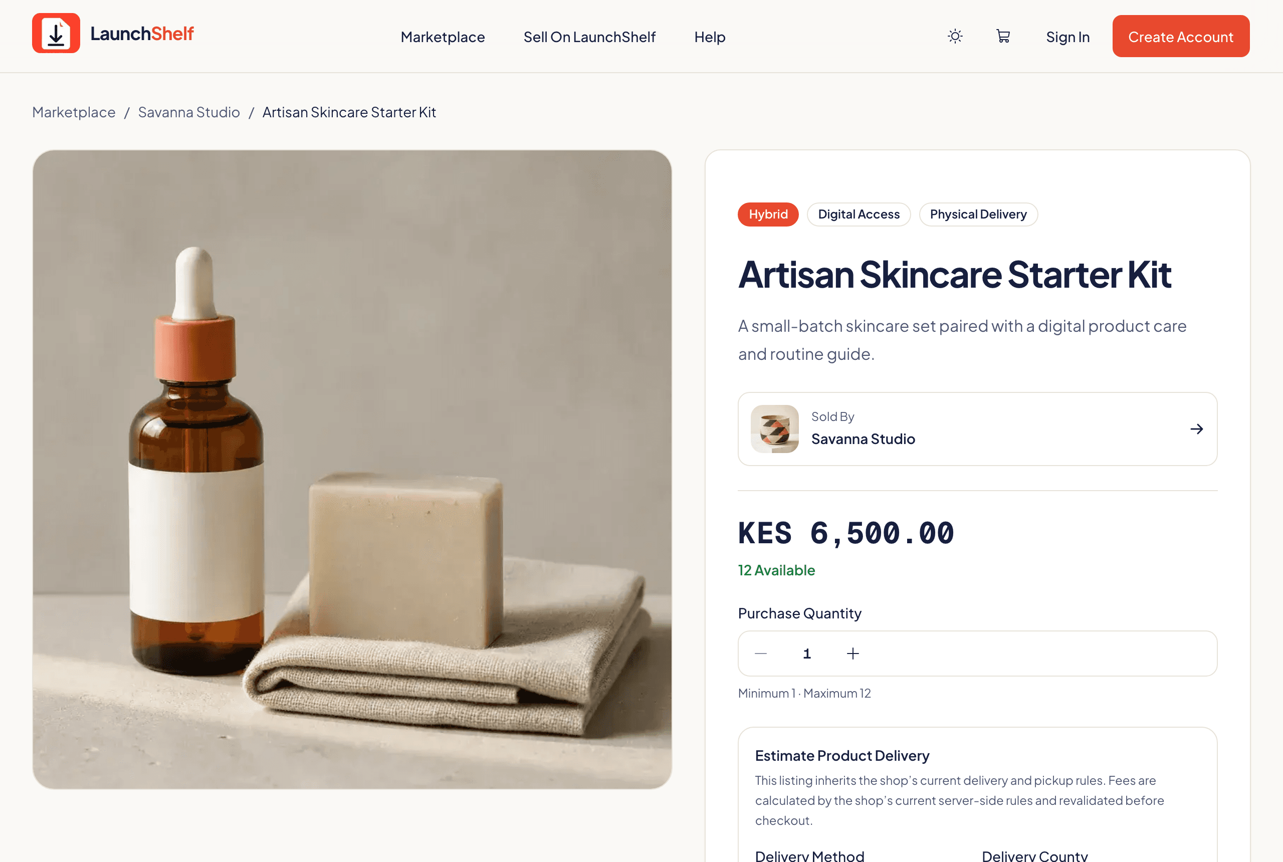 A LaunchShelf product page showing a hybrid skincare kit with KES pricing, live stock, and a delivery estimate form