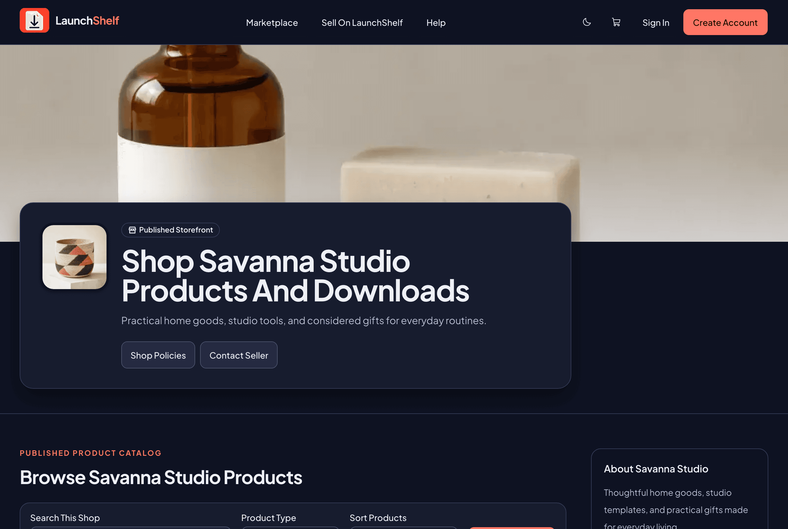 A published LaunchShelf storefront with shop branding, policies, and a product catalog