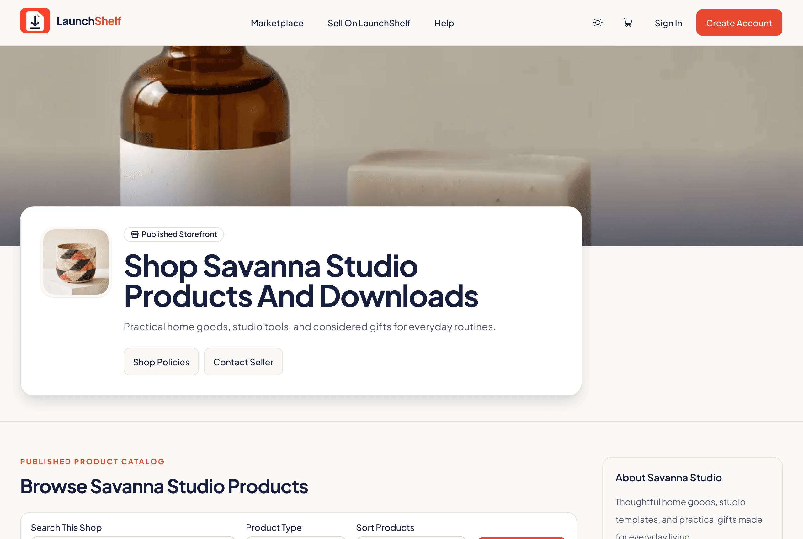 A published LaunchShelf storefront with shop branding, policies, and a product catalog